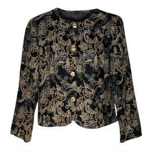 Joanna Vintage Black Gold Velvet Brocade Jacket Embroidered Metallic Floral Crop